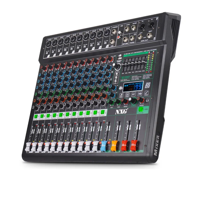XF12 12-Channel Multifunctional Audio Mixer Console with USB Connection, OTG Recording, and 99 DSP Reverb Effects Suitable for Microphones, Speakers, Electric Guitars, and Other Devices, Ideal for Stage Performances and Bars