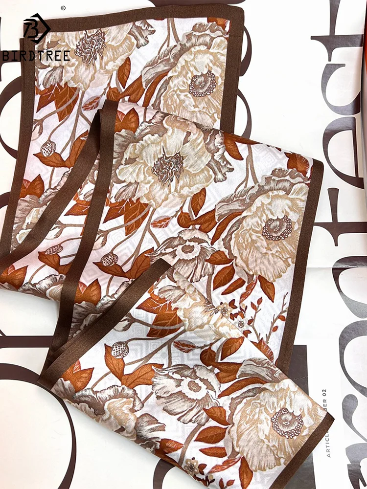 BirdTree, 100%Pure Slik Elegant Scarves, 145cm Floral Printing, Mom Gift Commute Retro Scarf, 2024 Summer Autumn New