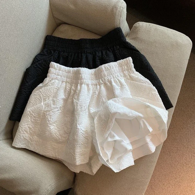 

Women's Casual Wide Leg Shorts Vintage Black White Jacquard Shorts Female Korean Chic Elastic High Waist Streetwear Short Pants