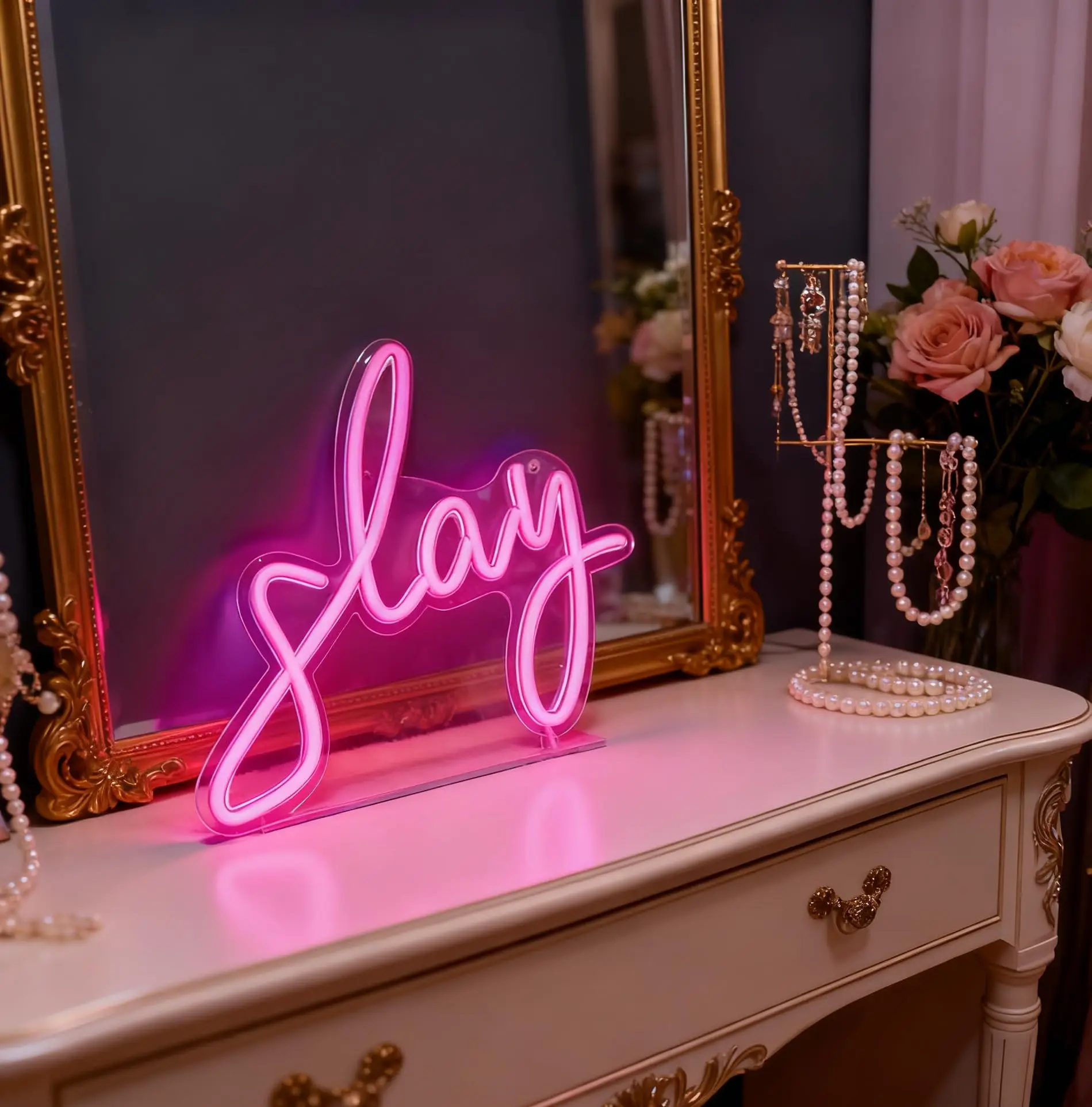 Slay LED Neon Sign, USB Powered Dimmable Decorative Light for Home Bedroom Vanity Girls Room Party Ambient Lighting Wall Decor