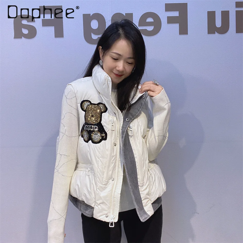 

Stand Collar Quilted Vest for Women European Rhinestones Cartoon Bear Denim Patchwork Thickened Warm Vest Winter Cotton Jacket