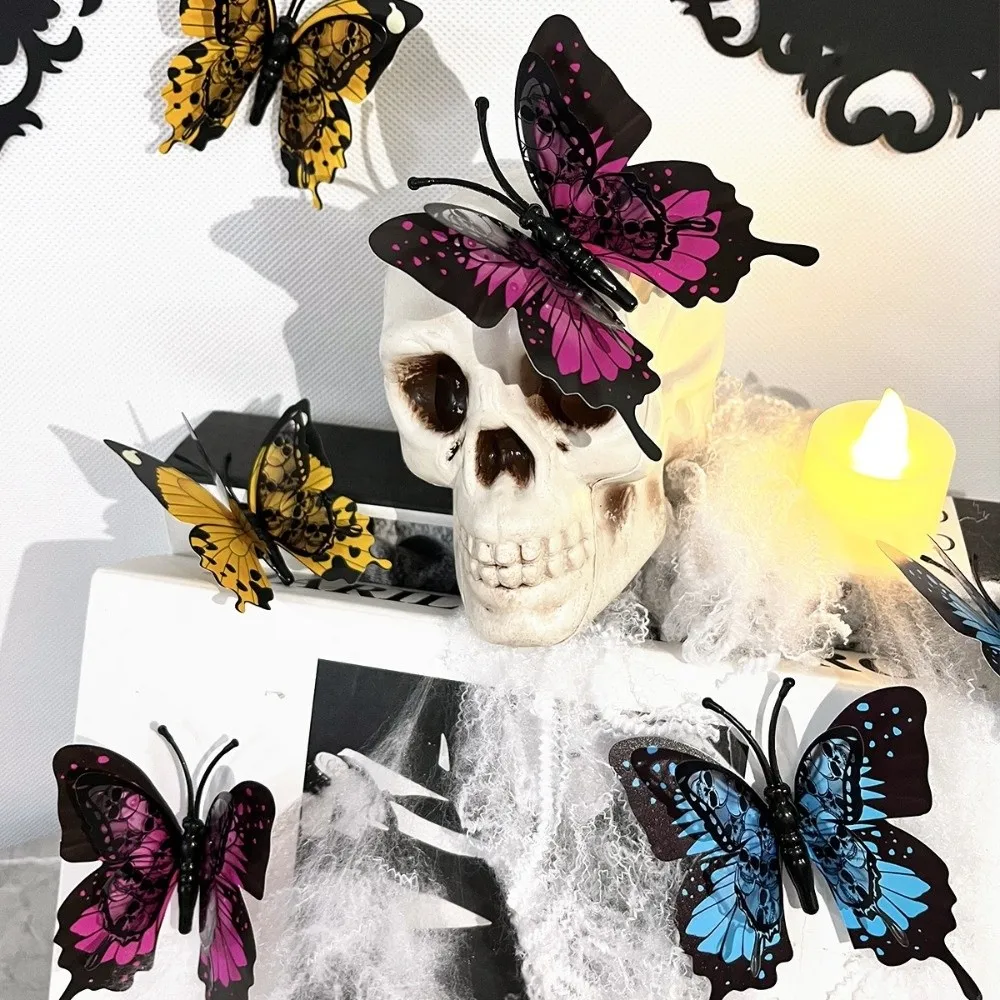 

Double Layer Halloween Wall Stickers Hollow Out DIY Butterfly Skull Stickers Red PVC 3D Butterfly Wallpaper Decal