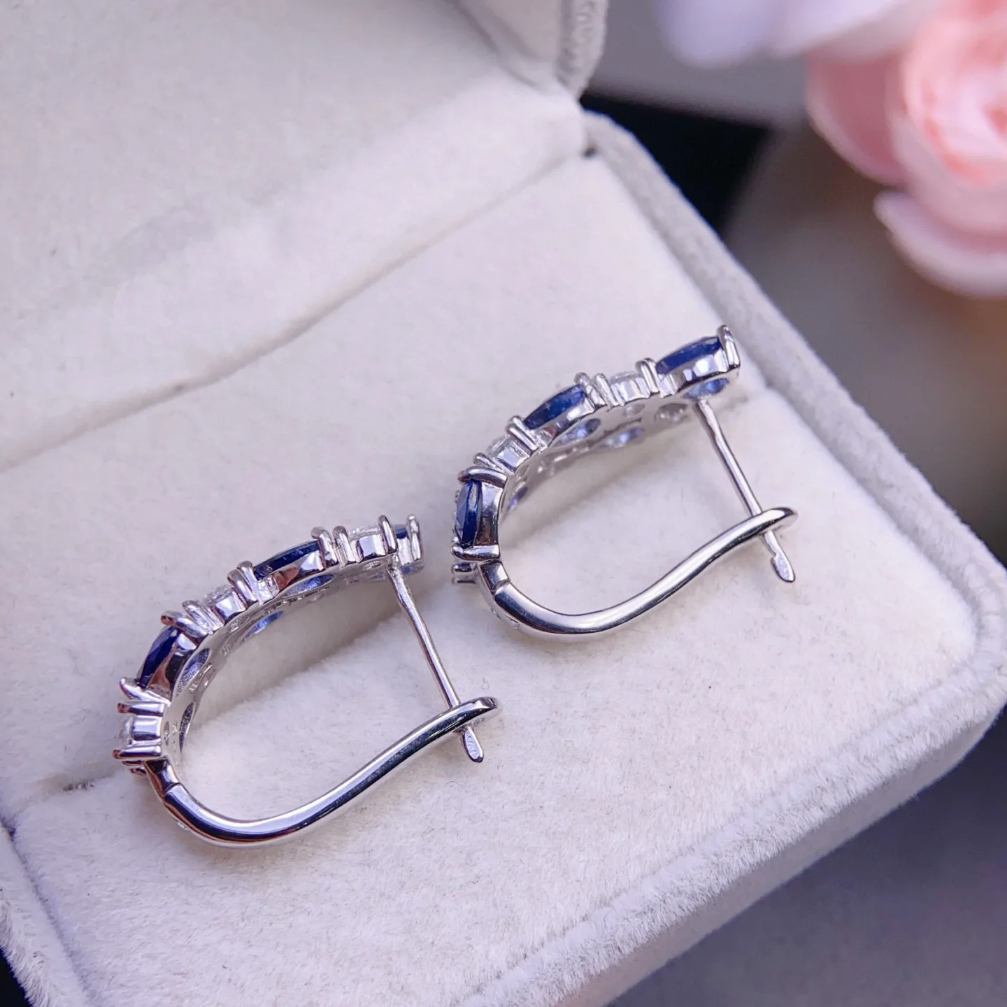 S925 Silver Precision Gold Plated Natural Sapphire Ear Cuffs, 4x5mm Gemstone with Certification view 6