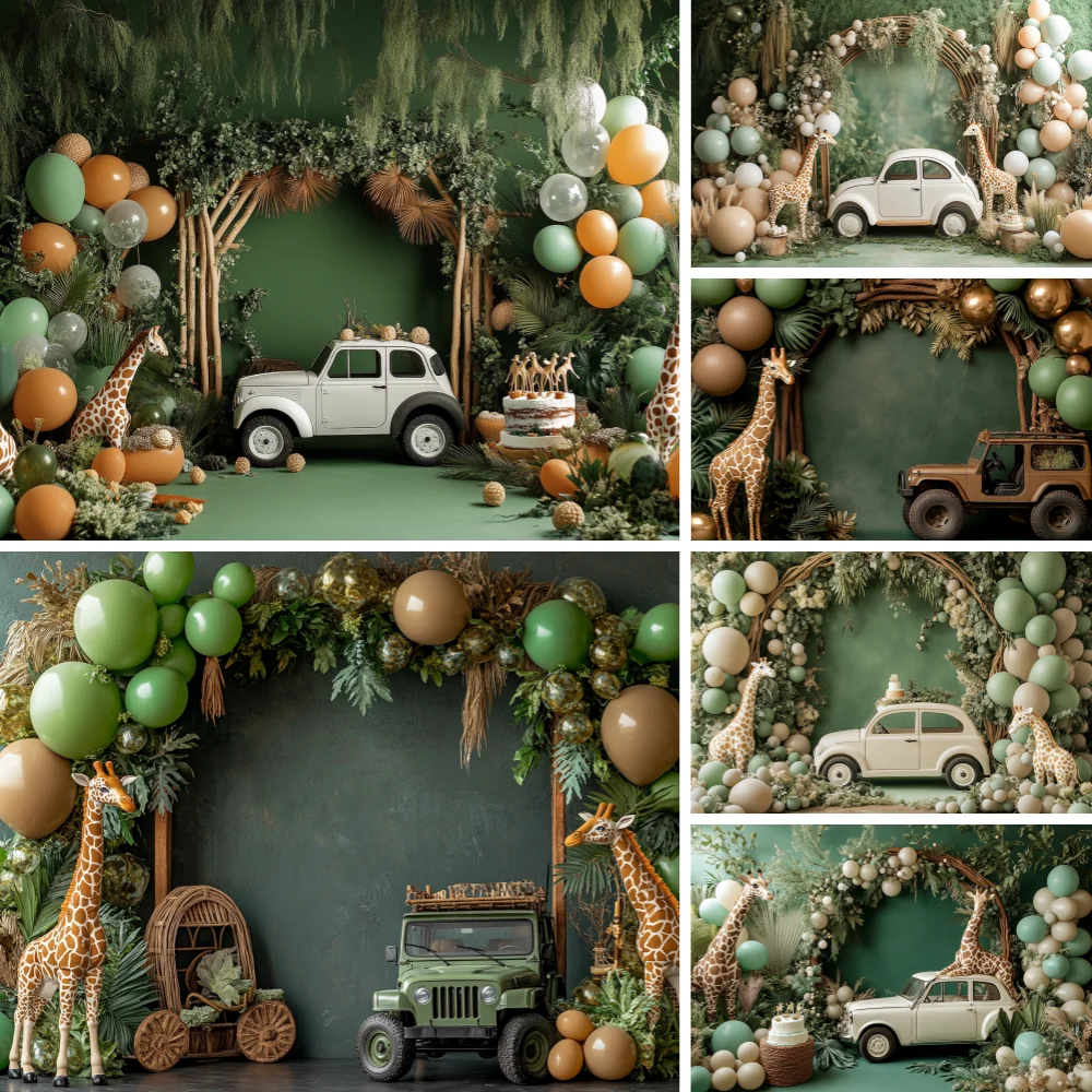 

Safari Jungle Custom Decor Wild Animals Balloons Child 1st Birthday Photography Background Party Cake Portrait Photography Props
