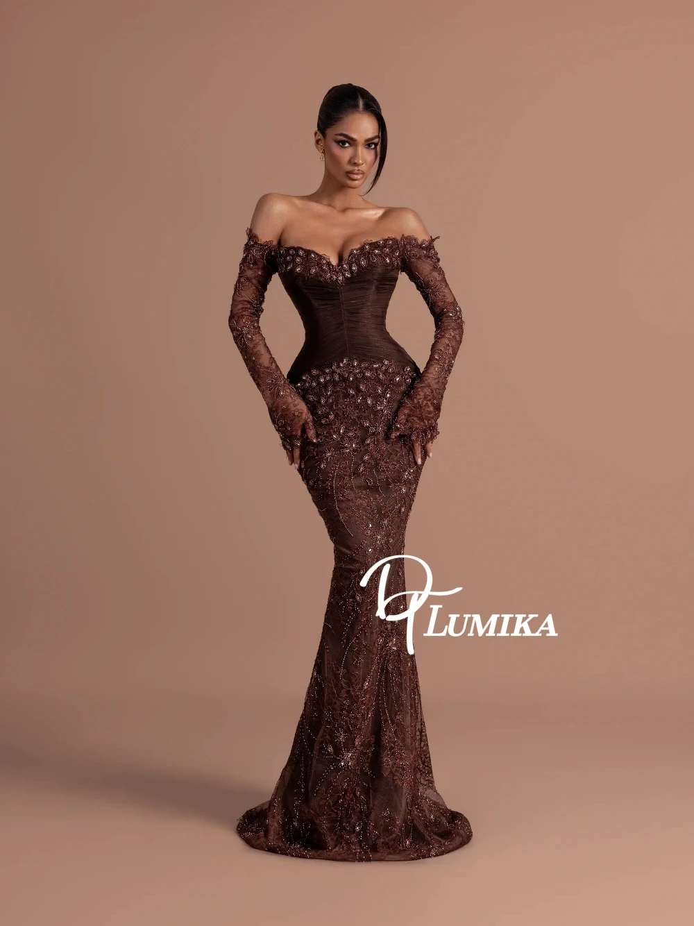 

Brown Beaded Lace Prom Dress Customized Dazzling Off Shoulder Mermaid Fitted Bodice Evening Gown Graceful Stunning Banquet Wear