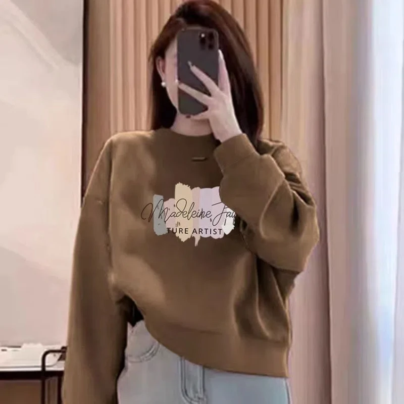 Korean Fashion Autumn Winter New Women O-Neck Letter Printing Plus Velvet Thicken Long Sleeve Loose Pullovers Sweatshirts Tops