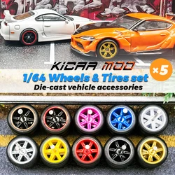 1/64 Wheels with Fixed Rubber Tires Six Spoke for Toy Model Diecast Cars Refiting Parts for Hotwheels (5 sets for 5 Cars)