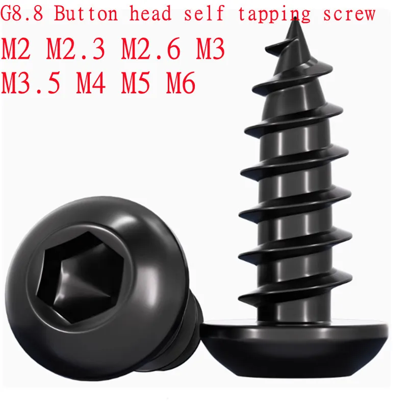 10-100pc M2 M2.3 M2.6 M3 M3.5 M4 M5 M6 Black Hex Socket Button Head Self Tapping Screws 8.8 Steel Round Head Allen Tapping Screw