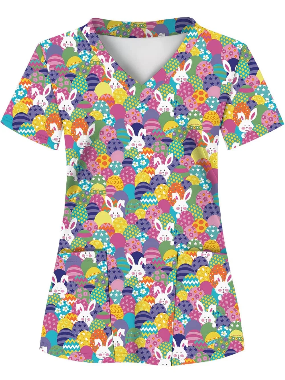 Women's Medical Uniforms Summer Easter Bunny Print Fashion Vet Nurse Microelastic V-Neck Short Sleeve Top Clinical Uniform Woman