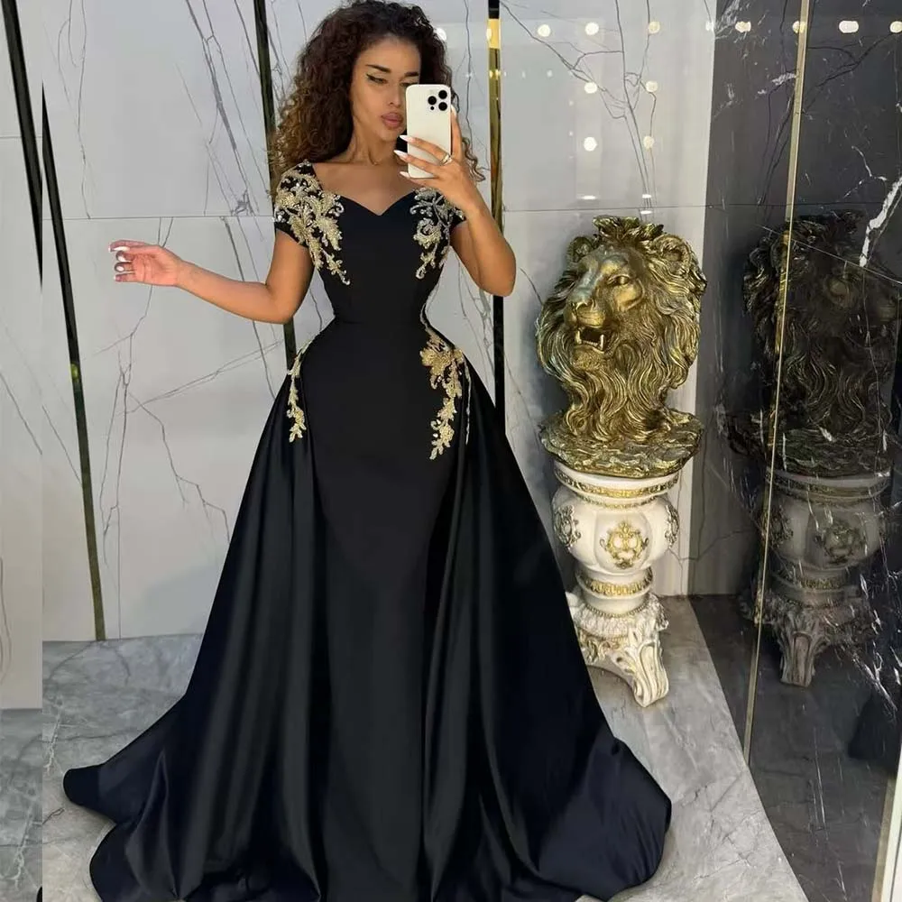 Vestidos de Noche con apliques de corazón, Vestidos de cola de capilla de manga corta para ocasiones formales, vestido de fiesta elegante para mujer, Vestidos 2025