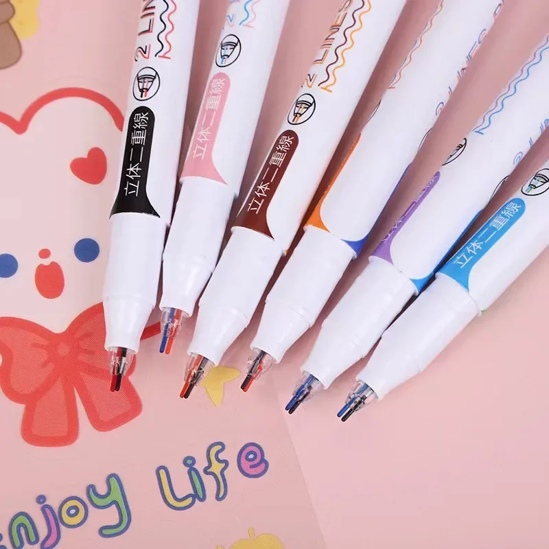 6pcs 2 Lines Colored Marker Pens DIY Drawing Painting Graffiti Pen 0.5mm Gel Pens Pigment Liner Highlighter Kawaii Stationery