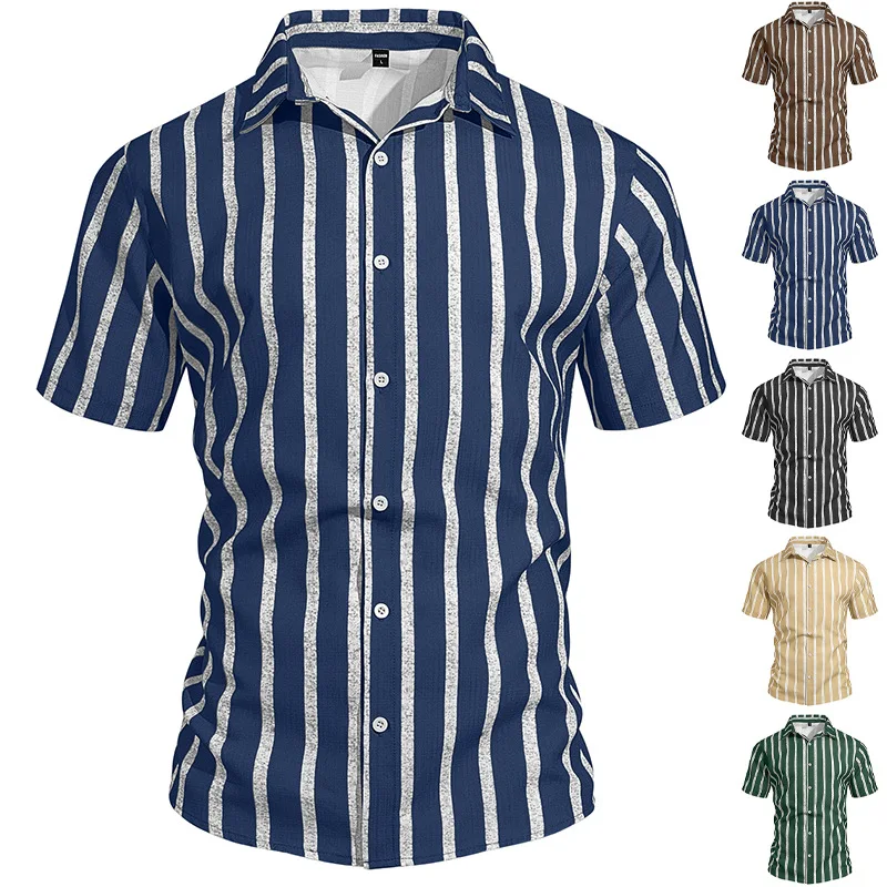 

Summer 2026 Men's Casual Slim Fit ort Sve irt Collared Stripe Pattern Beach Vaion Top Breathable Polyester Blend