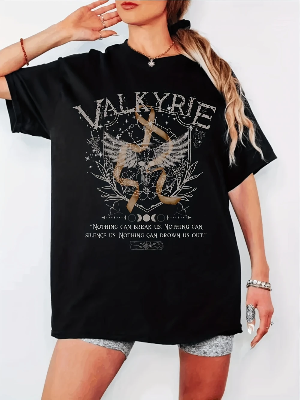Women's ACOTAR Valkyrie T-Shirt 180g Heavyweight Fantasy Book Tee with Valkyrie Wings Rune Design Nesta Acheron Women's Clothing