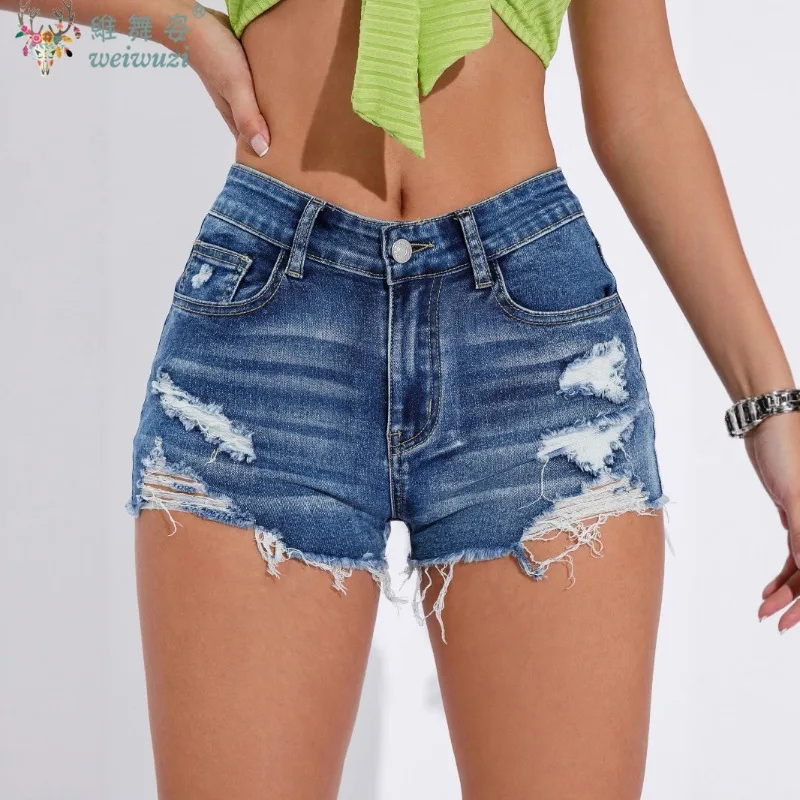Vintage Denim Shorts Jeans for Women Fashion A-line Ripped Hem Hot Pants Streetwear Skinny Elastic Sexy Beach Vacation Shorts