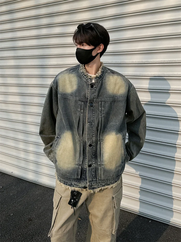 

American Sle adient Waed Denim Jaet Men's Street Hiphop Vintage Casual Stand Collar Frayed Coat Spring Season