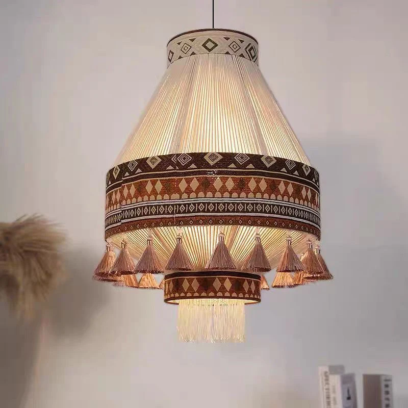 Bohemian Moroccan Cotton Linen Rope Cloth Pendant Lamps for Bedroom Living Room Hotel Restaurant Tassel Chandelier Light E27