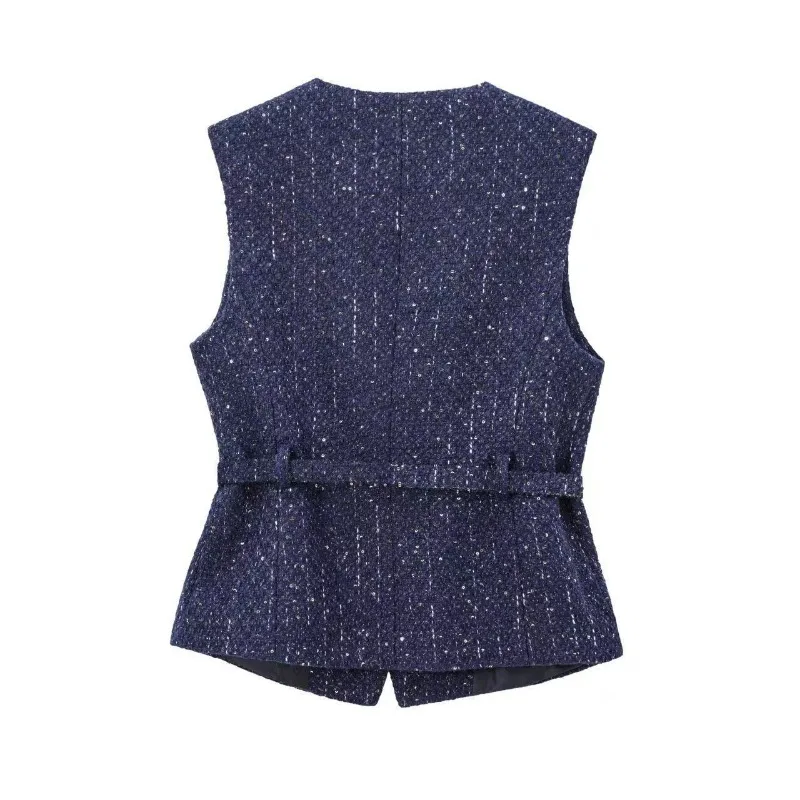Luxury Women Tweed Jacket Waistcoat with Belt Sleeveless Outerwear Blue Vest Office Lady Coat Metallic Button Design Clothing