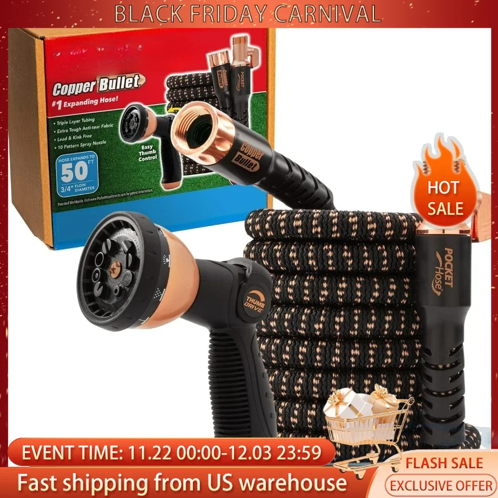 Copper Bullet Expandable Garden Hose w/10 Pattern Thumb Spray Nozzle AS-SEEN-ON-TV 50 FT 650psi 3/4 in Patented Lead