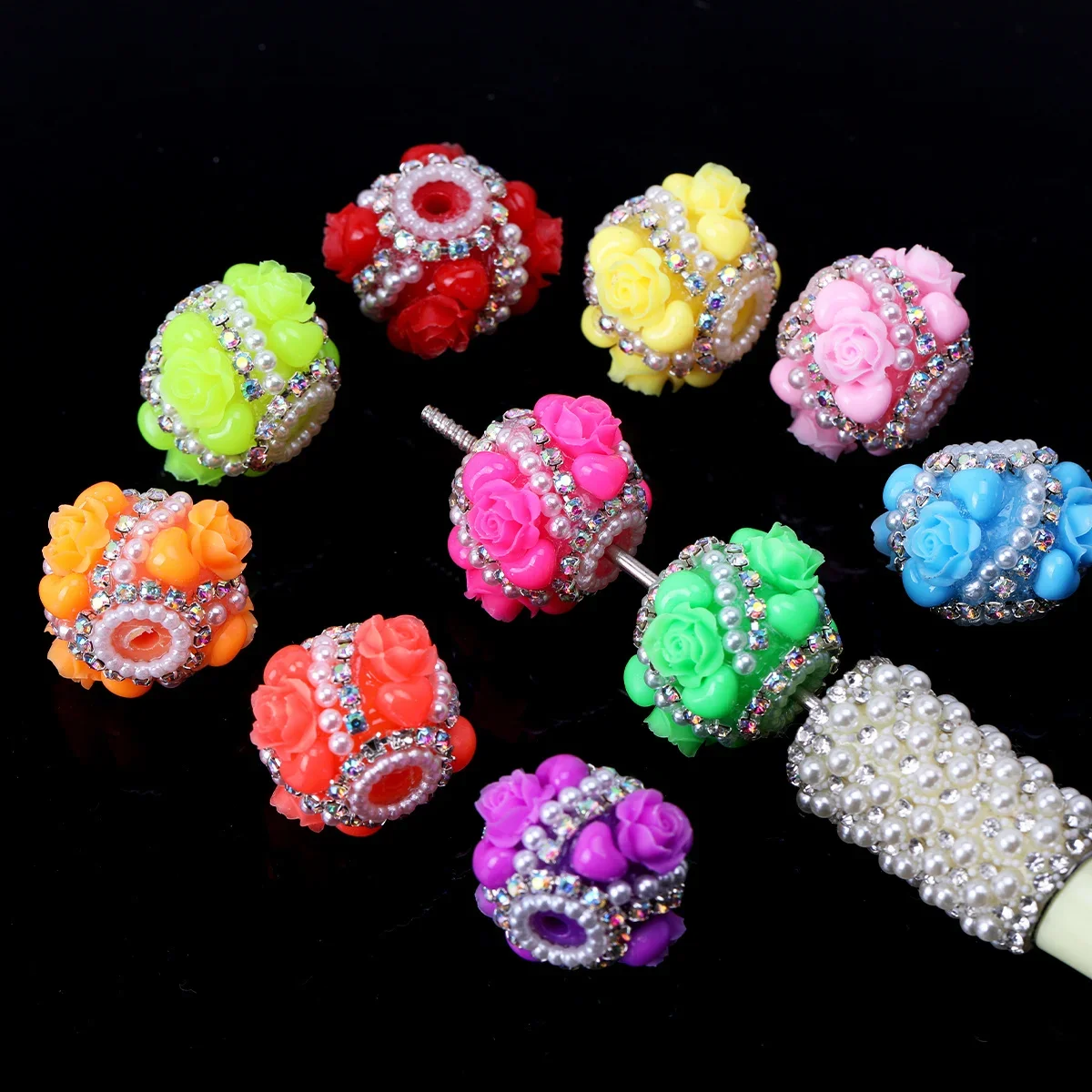 4/8pcs Random Color 24*19mm Floral Barrel Rhinestone Acrylic Loose Beads DIY Bracelet Decor Pen Craft Supplies