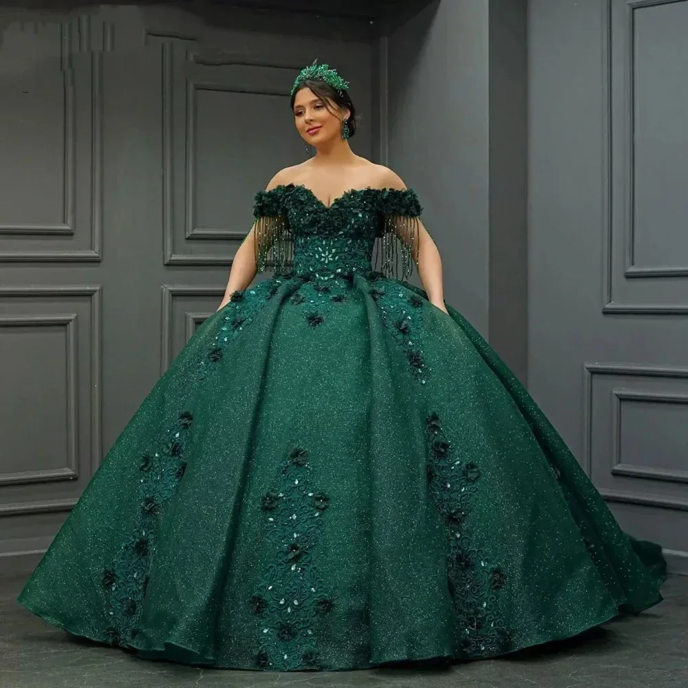 Luxo verde fora do ombro quinceanera vestidos feitos à mão apliques rendas lantejoulas doce festa vestidos de 15 anos personalizado