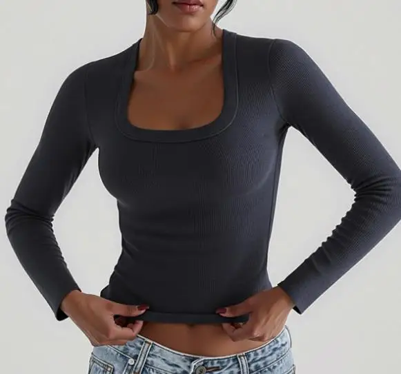 

Women's Solid Color Long Sleeve Vest T-Shirt Square Neck Sports Top Fashionable Autumn Winter Ladieswear