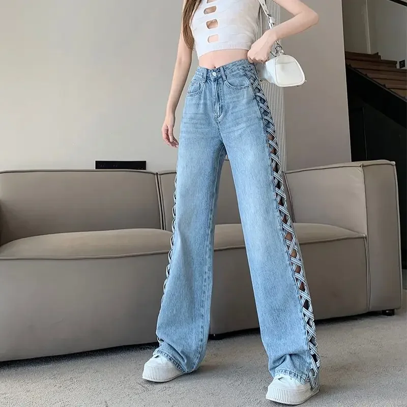 Women Clothing Jeans Design Sense Side Braided Hollowed Out Wide Leg Pants Spring and Summer High Waist Loose Thin Trousers