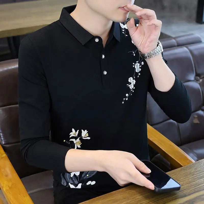 High-End Cotton Men's Long Sleeve Polo T-Shirt Stylish Versatile Base Layer Spring Fall