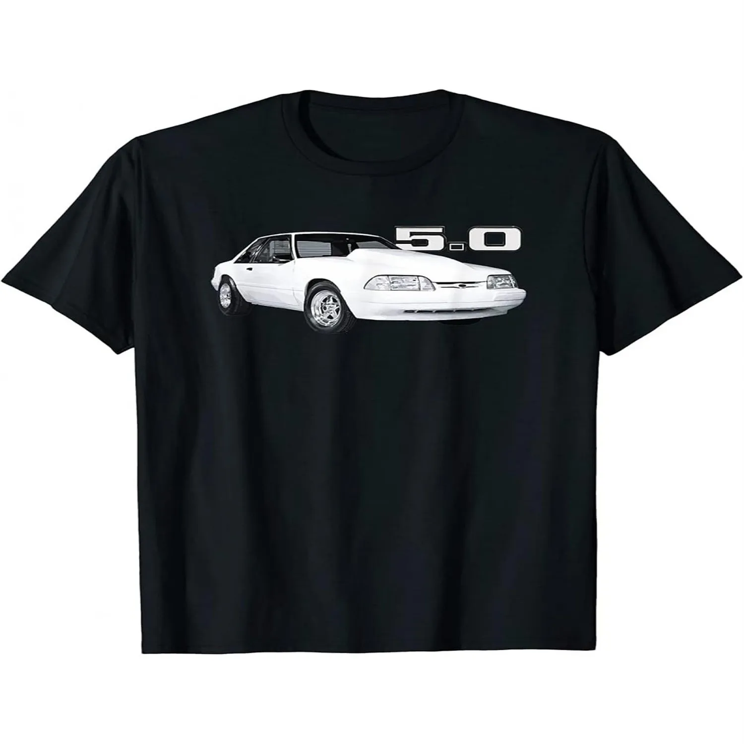 Men'S Heavyweight 220gsm Combed Vintage Muscle Car T-Shirt - Retro 5 0-Liter Engine Graphic Tee with 1960s-70s Classic American Muscle Cars Design, Asymmetrical Hem Ribbed Neckline, Casual For Funny Shirt, Cute Tee,
