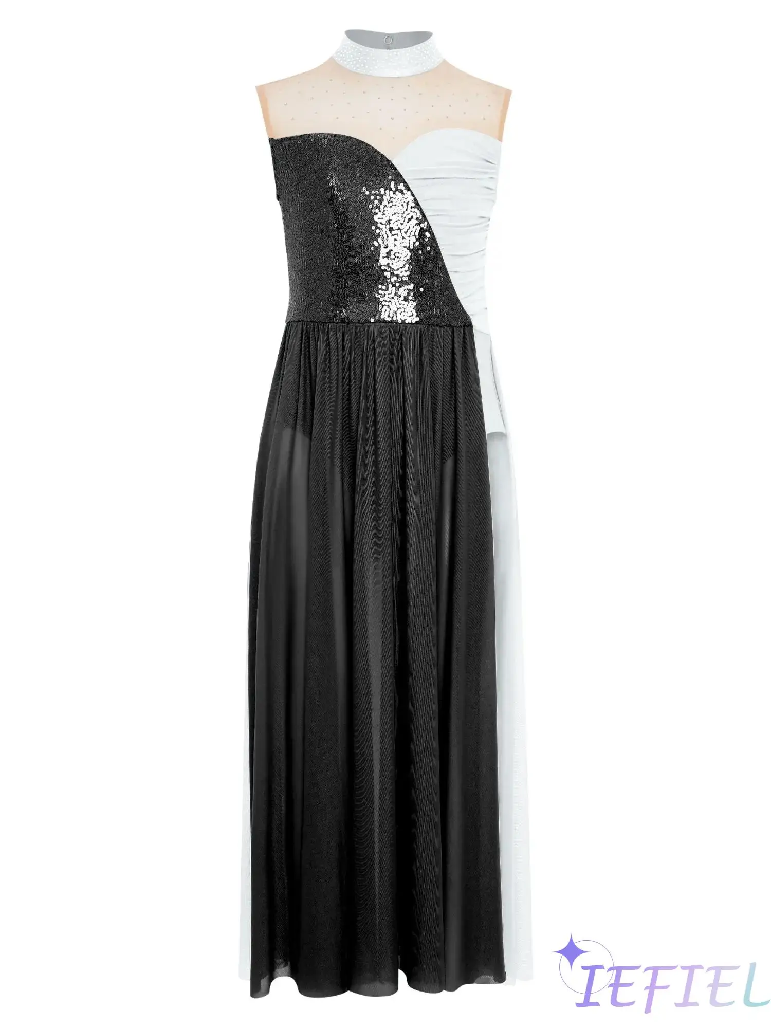 

Girls modern Lyrical Dance Dress Ballet Gymnastic Leotard Sleeveless Sparkly Sequins Bodice Color Block Side Split Dancewear