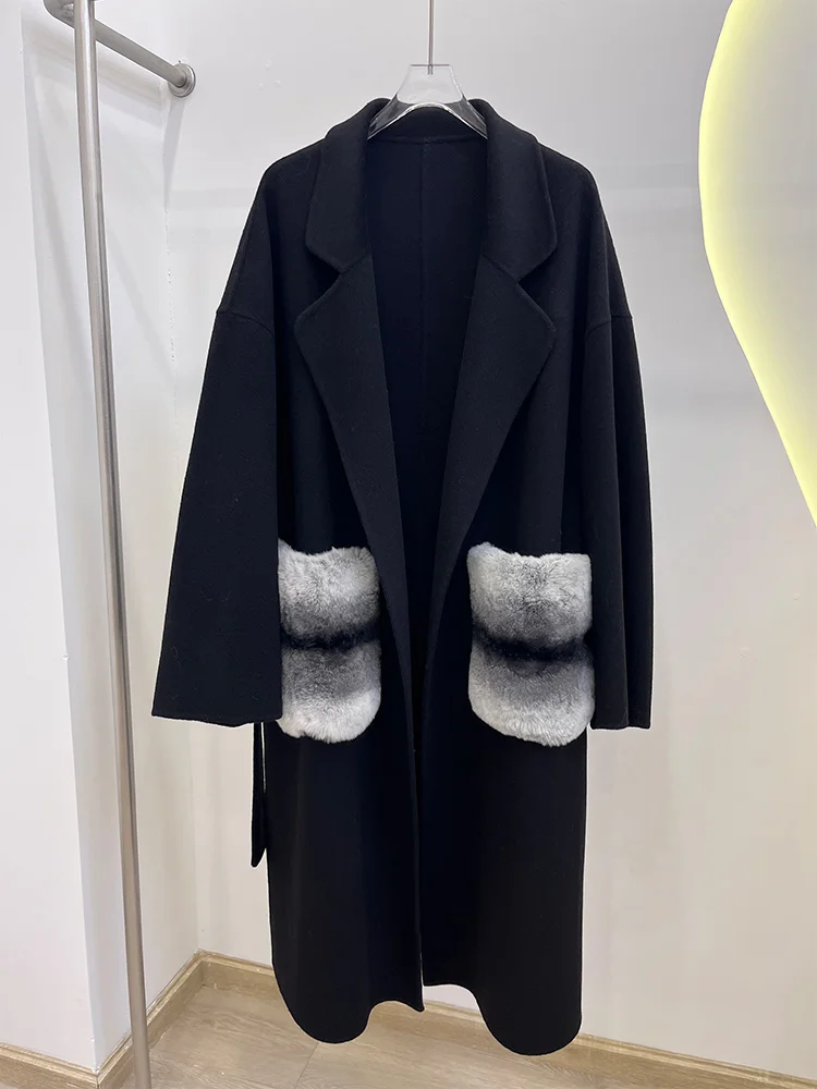 2025 New Winter Cashmere Wool Jacket Woolen Real Natural Fox Fur Pocket Coat Ladies Outwear Female Coat Women Luxury Jacket