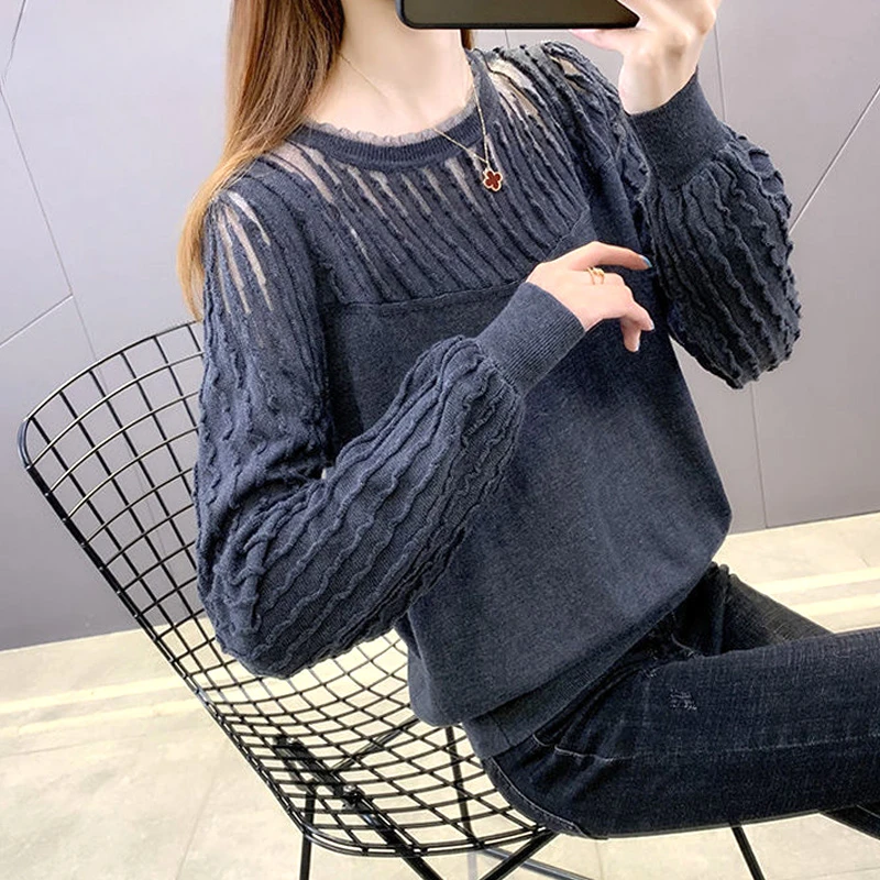 

Loose Sexy Hollow Out Solid Pleated Lace Patchwork T-Shirts Round Neck Casual Women's Clothing Pullovers Autumn Winter Thin F557