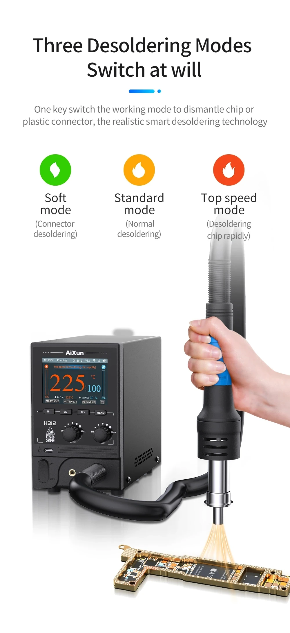 

AiXun H312 Intelligent Hot Air Gun Soldering Station BGA Rework Station 1400W Heat Gun HD Display For PCB Welding Repair Tool