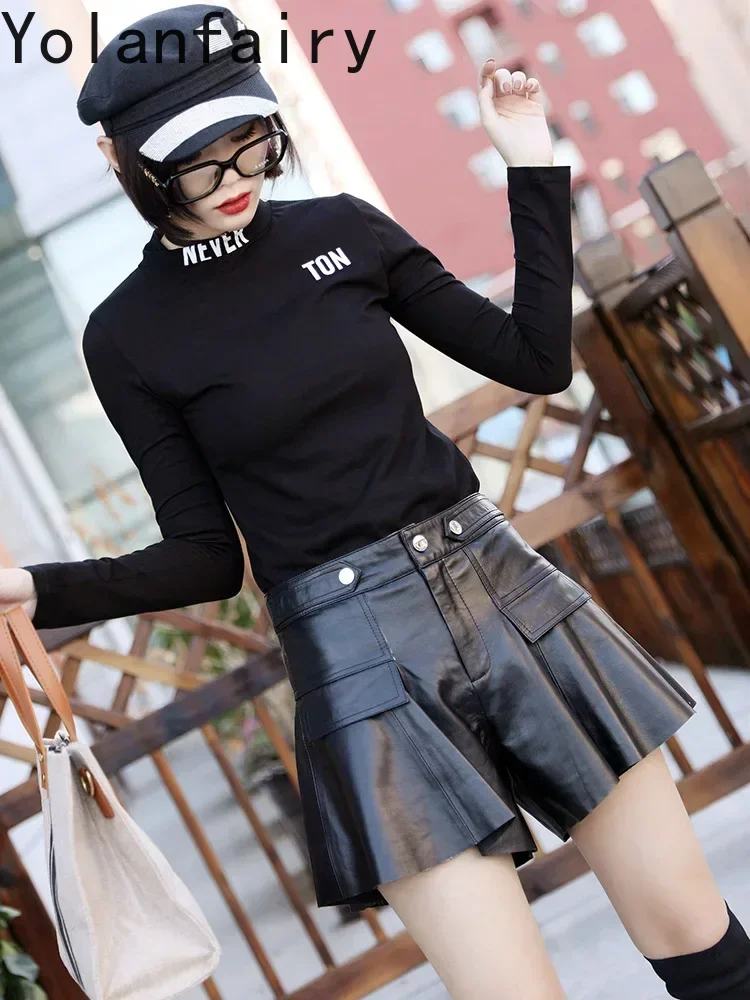 High Quality Real Sheepskin Leather Shorts for Women Wide Leg Short Summer2024 Female High Waist Shorts Ropa Mujer Zjt2394