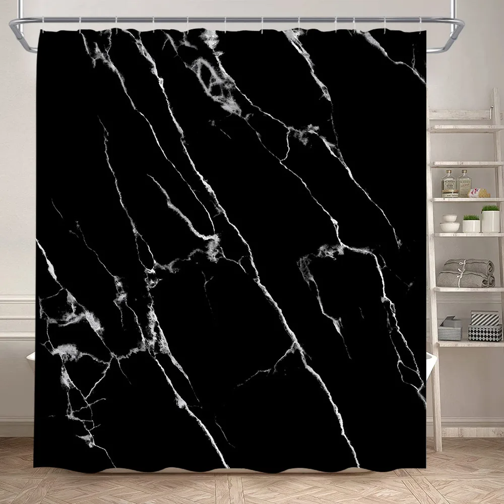 Abstract Marble Shower Curtains Black Green Textured Gold Crackle Modern Geometric Pattern Bathroom Curtain Decor Set with Hooks