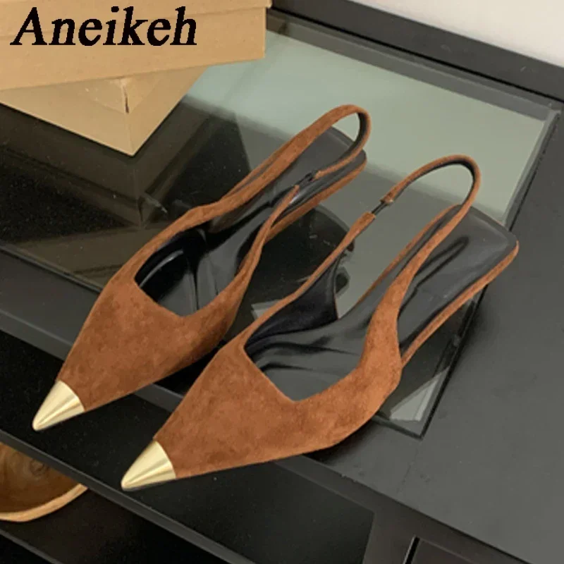 Aneikeh Mode Metall Spitz High Heels Frauen Designer Leopard Print Pumpen Slingback Kleid Schuhe Maultiere Zapatos De Mujer