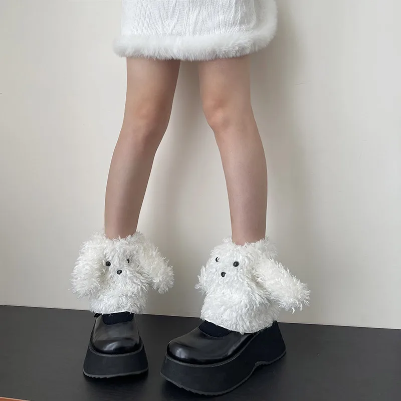 Fluffy Dog Leg Warmers Kawaii Women Curly Faux Fur Leg Cuffs Cosplay Lolita Sweet Girl Goth Street Snap Ankle Calf Covers Soft