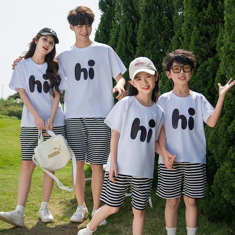 

Family Funny Clothes Parent-child Outfit T Shirts and Striped Shorts Father Mother and Son Daughter Matching Same Clothing Sets