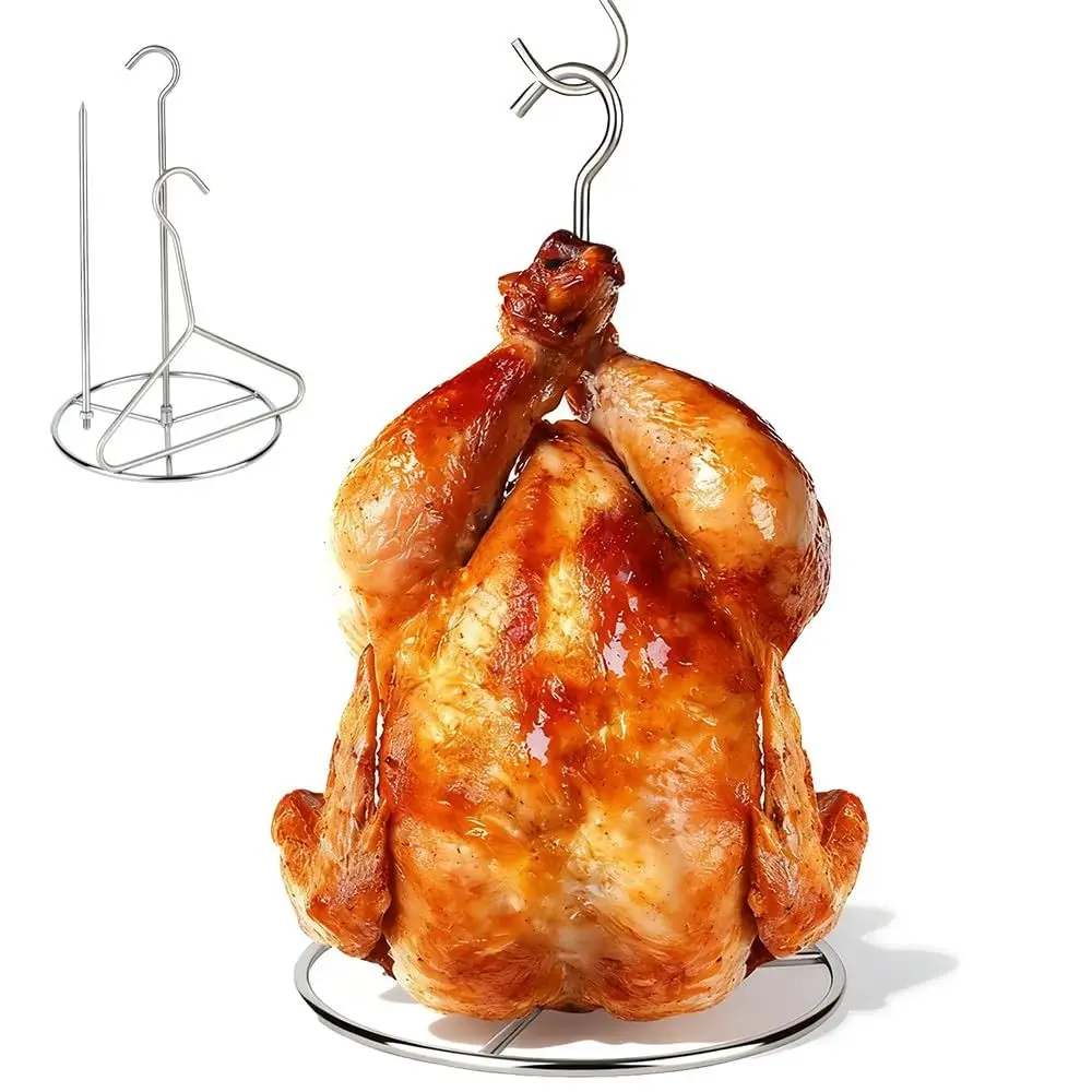 

Stainless Steel Turkey Fryer Rack Kit with Lifter Hook Vertical Roasting Grill Stand Replacement Parts Chicken Roaster Rack