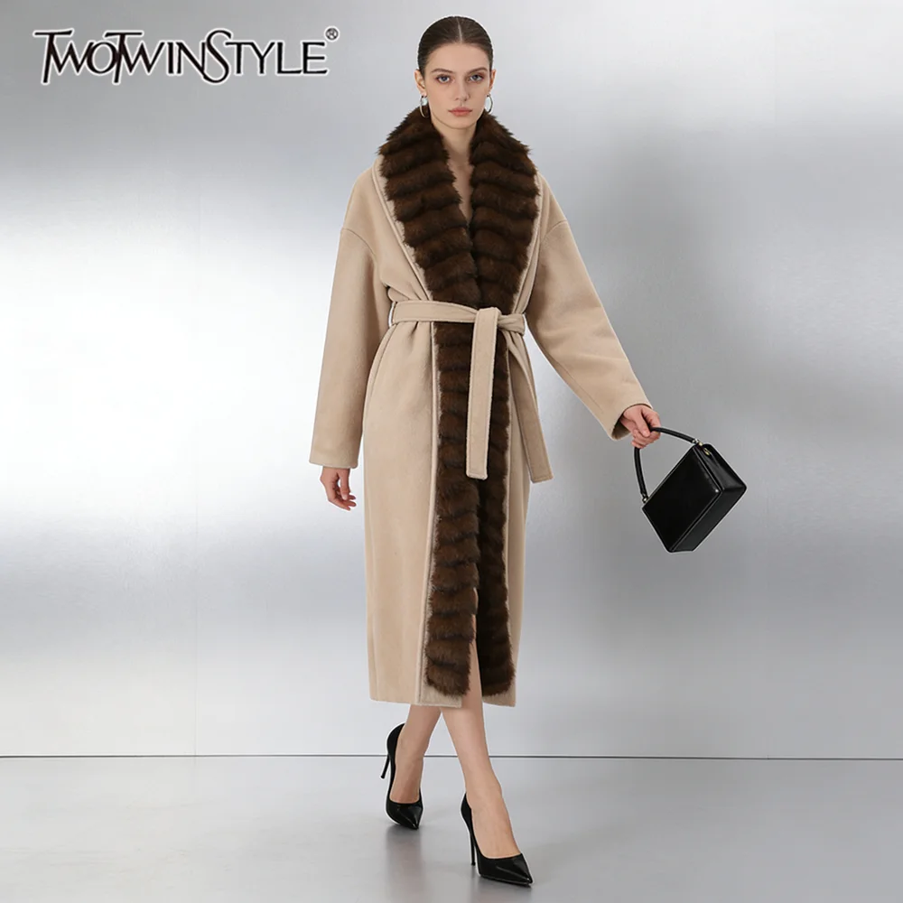 

TWOTWINSTYLE Hit Color Slimming Spliced Lace Up Temperament Coats for Women Fur Collar Long Sleeves Minimalist Coat Female New