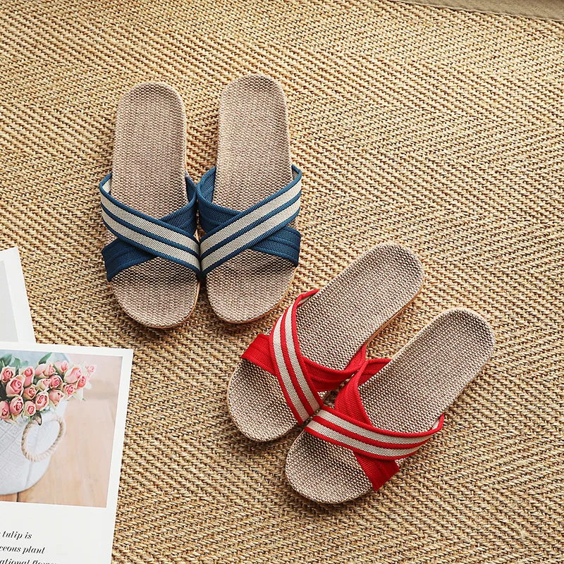 Summer Women Men Linen Slippers Casual Linen Slippers Home Flip Flops Indoor Shoes Men and Women Slippers Soft and Comfortable