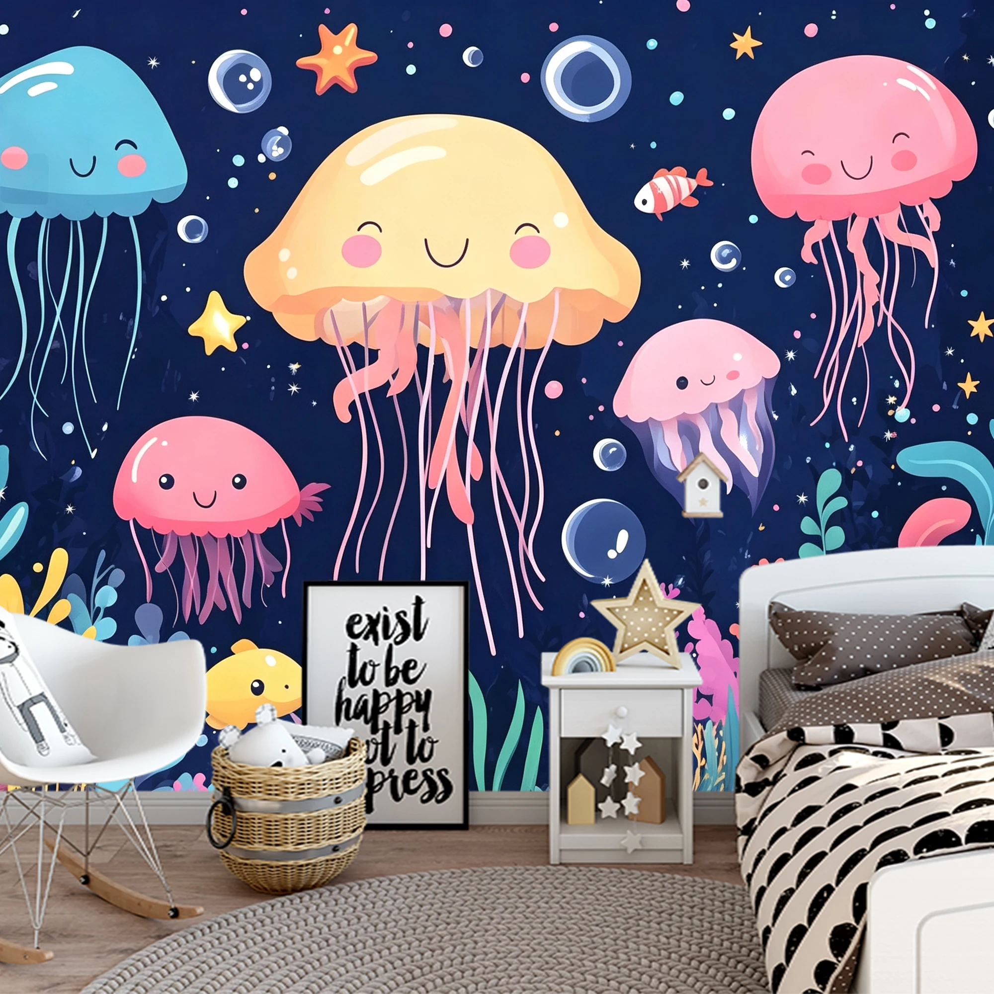 Milofi Custom Mural Wallpaper Cute Cartoon Jellyfish Ocean Mural Wallpaper Colorful Underwater Sea Wall Mural for  Nursery Home
