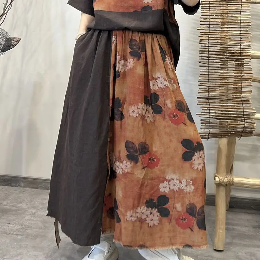 

Vintage Floral Print Long Skirt for Women Y2k Harajuku Style A-line Elastic Waist High Quality Cotton Linen Skirts
