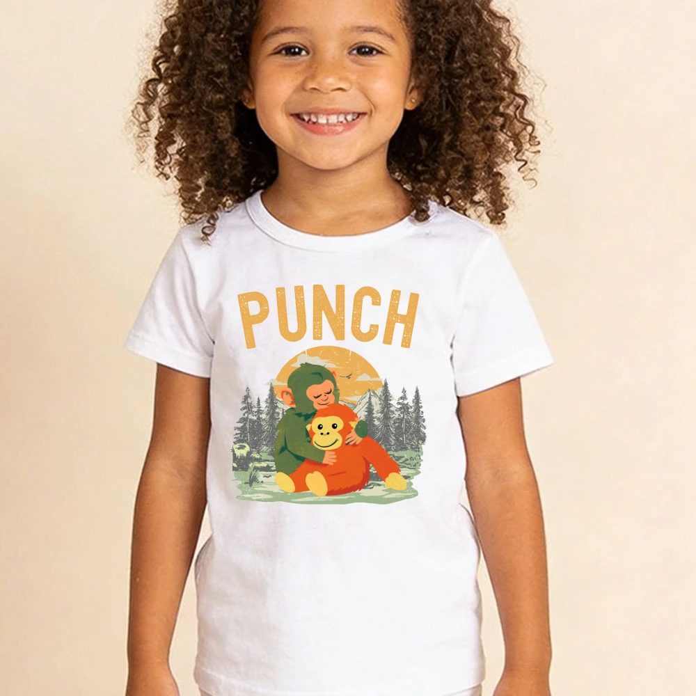 

Baby Monkey Holding Plush Toy Graphic Printed Tshirt Cute Punch Monkey Theme Series Children T-Shirt Boys and Girls Cotton Shirt