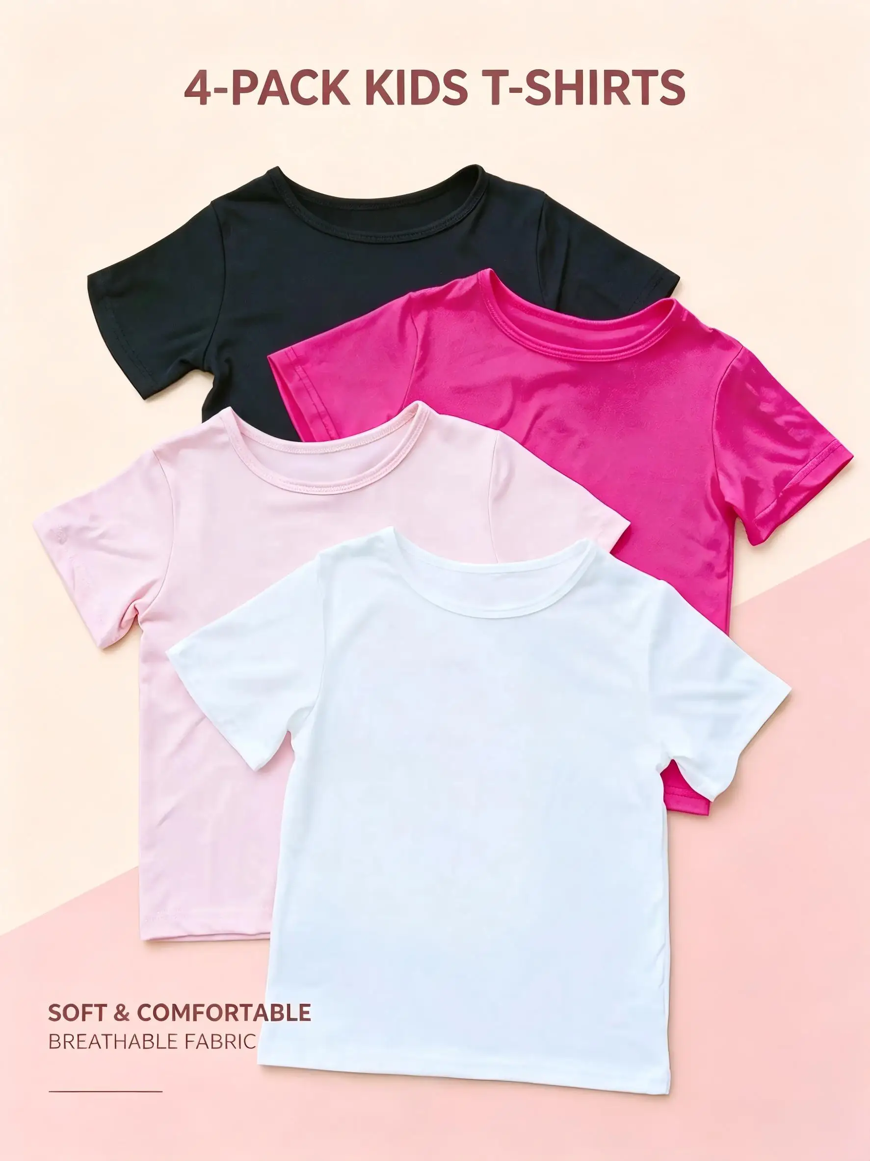 4Pcs Kid Girl Short Sleeve T-Shirt Set Solid Color Crew Neck Tops 95% Polyester 5% Spandex Soft Casual Tees for 110-150 Children