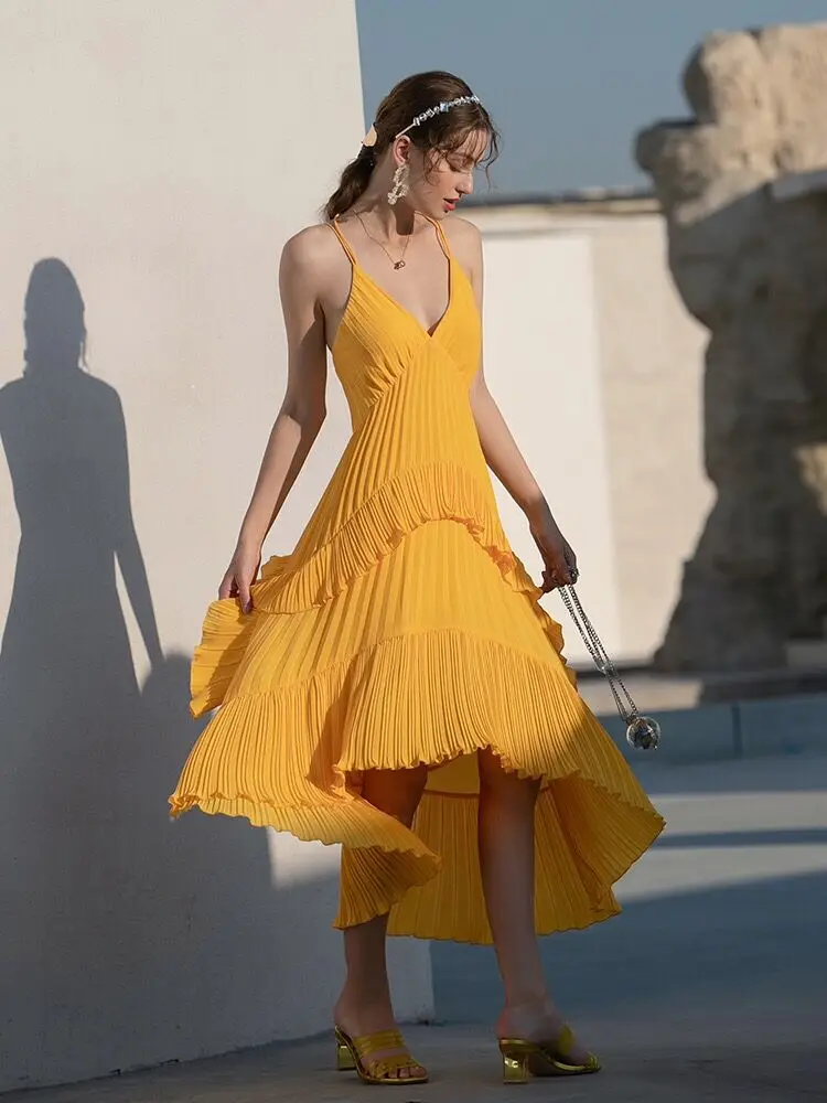 

Bright Yellow Pleated Layers Cake Dress Women Unbrella Design Long Dress Luxury Elegant Party Dinner Dance Banquet Vestidos