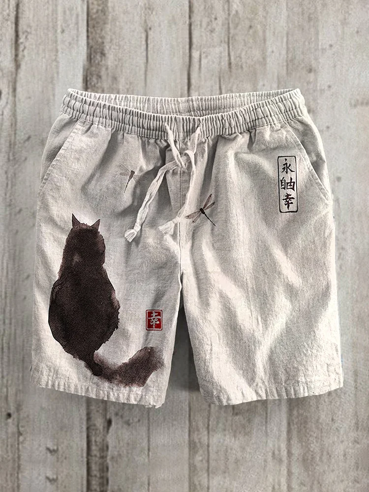 Casual Cat Printed Beach Shorts For Men with Pocket Summer Men's Outdoor Daily Sports Shorts Large Size Loose Holiday Trunks