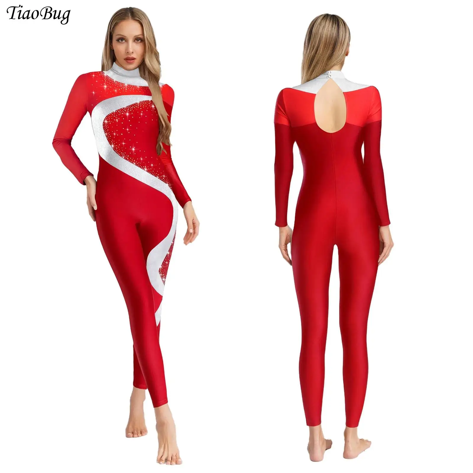

Womens Ballet Dance Skating Rompers Gymnastics Jumpsuit Mock Neck Long Sleeve Back Hollow Out Shiny Sequins Bodysuit Unitard