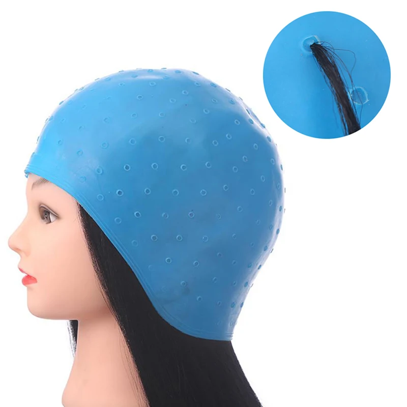 Topi silikon biru dengan jarum, topi pewarnaan rambut, alat penata rambut