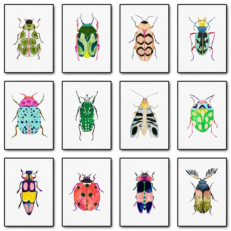 1pc frameless Canvas Painting Watercolor Bug Beetle Ladybug Poster Print Colorful Insect Canvas Painting Nature Wall Art Picture