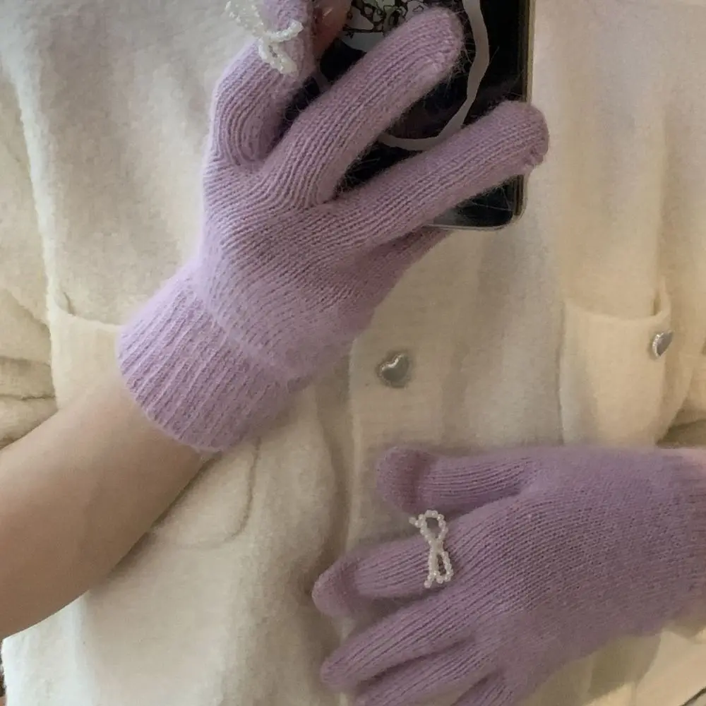 

Touch Screen Pearl Bow Knitted Gloves Bowknot Candy Colored Women Winter Gloves Windproof Solid Color Women Mittens Outdoor